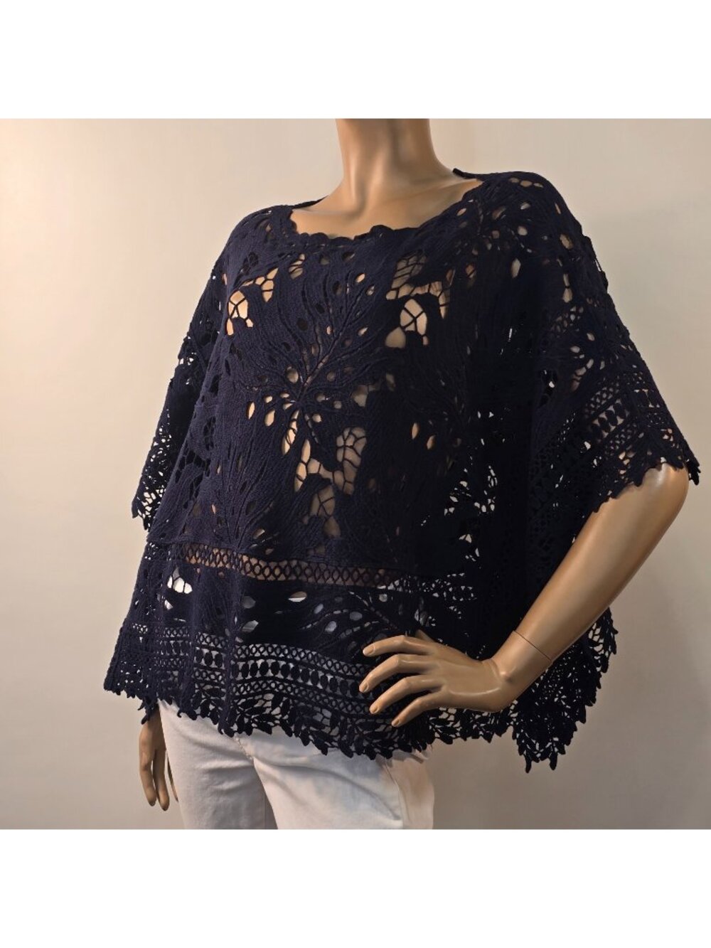 Chico's Crochet Lace Poncho Navy Blue Size S/M